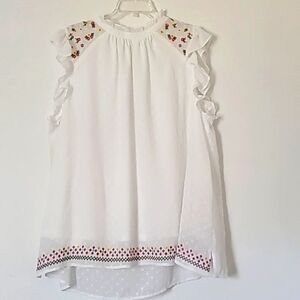 White Floral Turtleneck Ruffled Short Sleeves